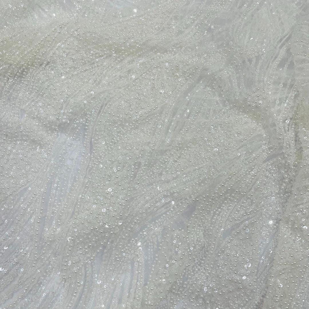Luxury Lace - IVORY - Beaded Design with Embroidered Sequins and Beads On a Mesh Lace Fabric for Prom Dress By The Yard