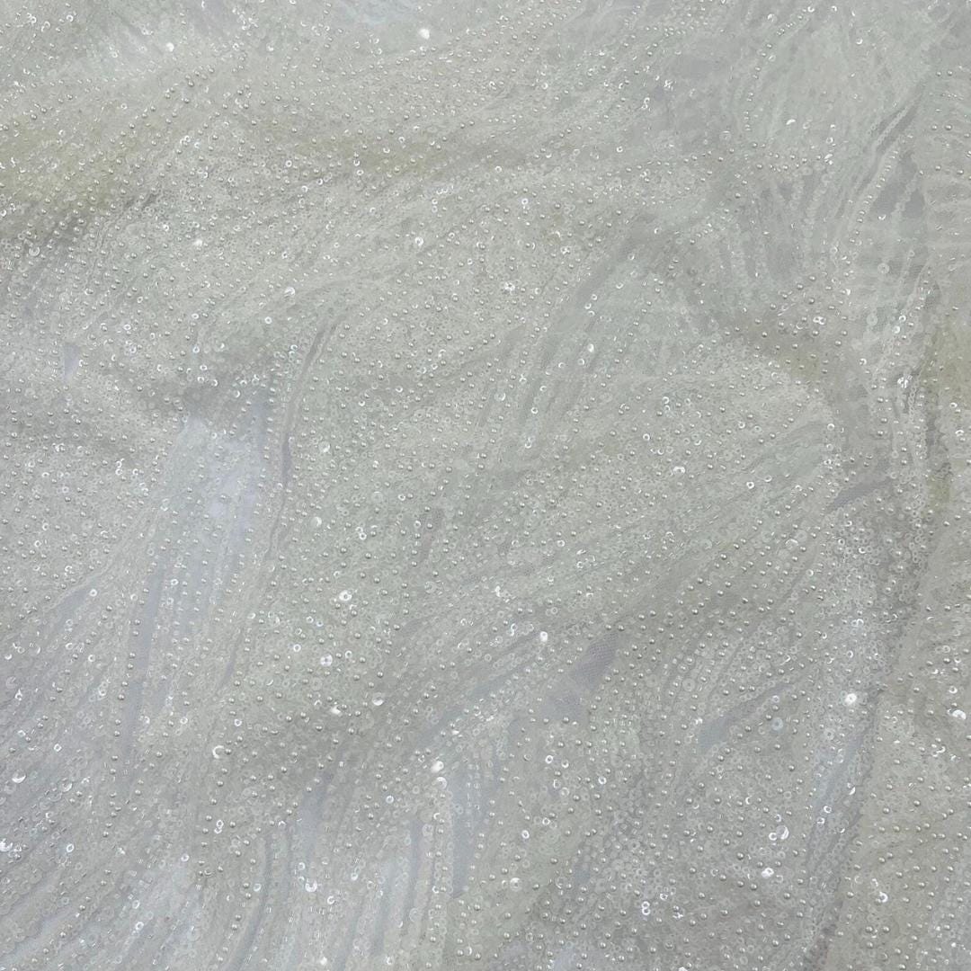 Luxury Lace - IVORY - Beaded Design with Embroidered Sequins and Beads On a Mesh Lace Fabric for Prom Dress By The Yard