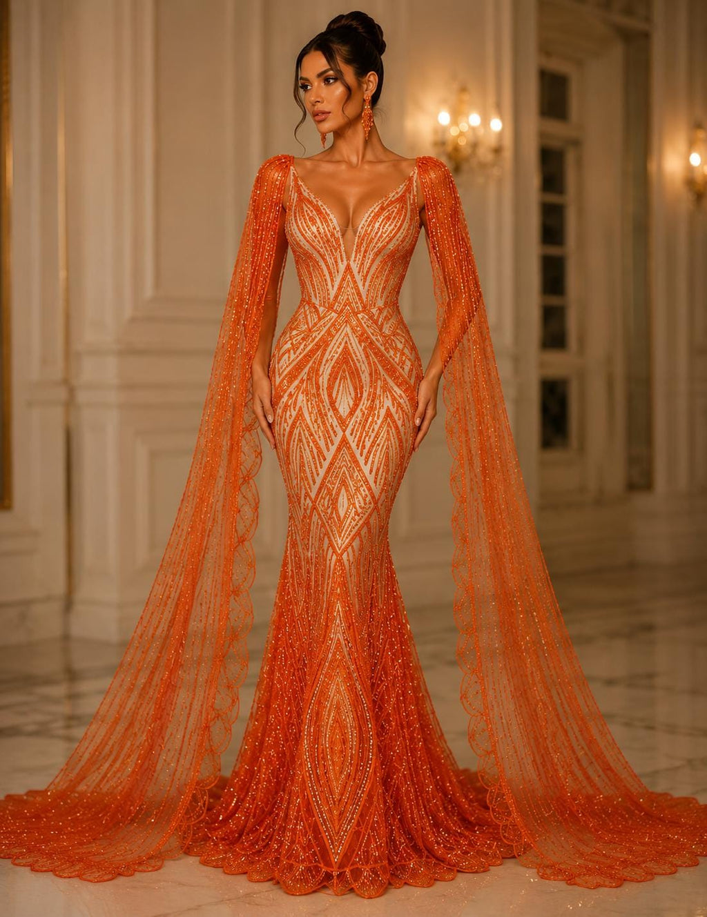 ORANGE - Geometric Luxury Lace  - Beaded Design with Embroidered Sequins and Beads On a Mesh Lace Fabric for Prom Dress By The Yard