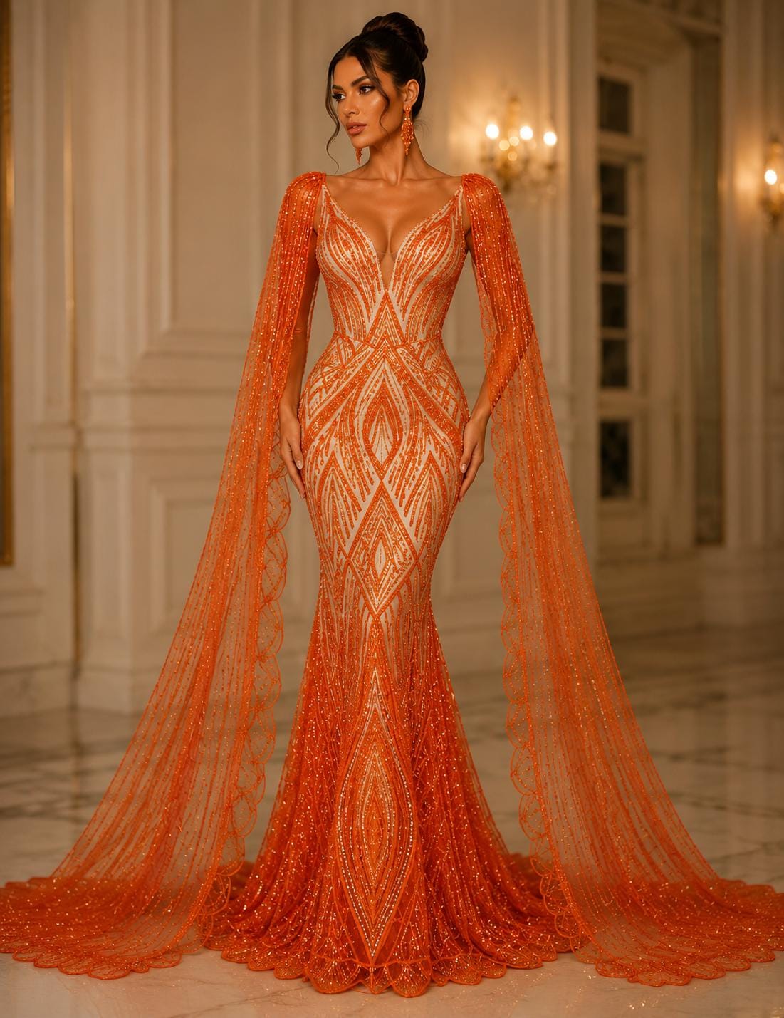 ORANGE - Geometric Luxury Lace  - Beaded Design with Embroidered Sequins and Beads On a Mesh Lace Fabric for Prom Dress By The Yard