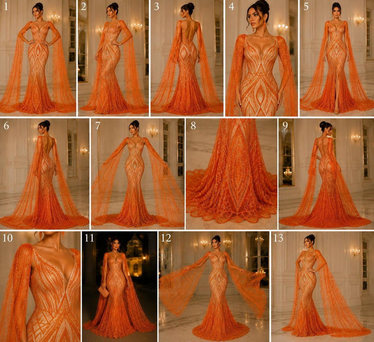 ORANGE - Geometric Luxury Lace  - Beaded Design with Embroidered Sequins and Beads On a Mesh Lace Fabric for Prom Dress By The Yard