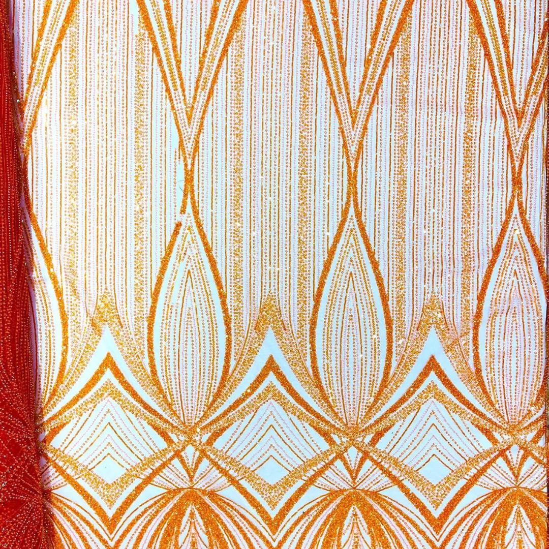 ORANGE - Geometric Luxury Lace  - Beaded Design with Embroidered Sequins and Beads On a Mesh Lace Fabric for Prom Dress By The Yard