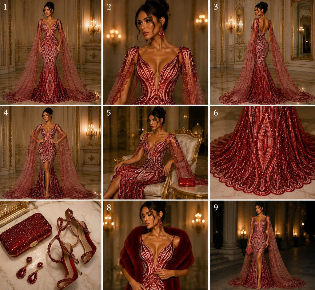 RED - Geometric Luxury Lace  - Beaded Design with Embroidered Sequins and Beads On a Mesh Lace Fabric for Prom Dress By The Yard
