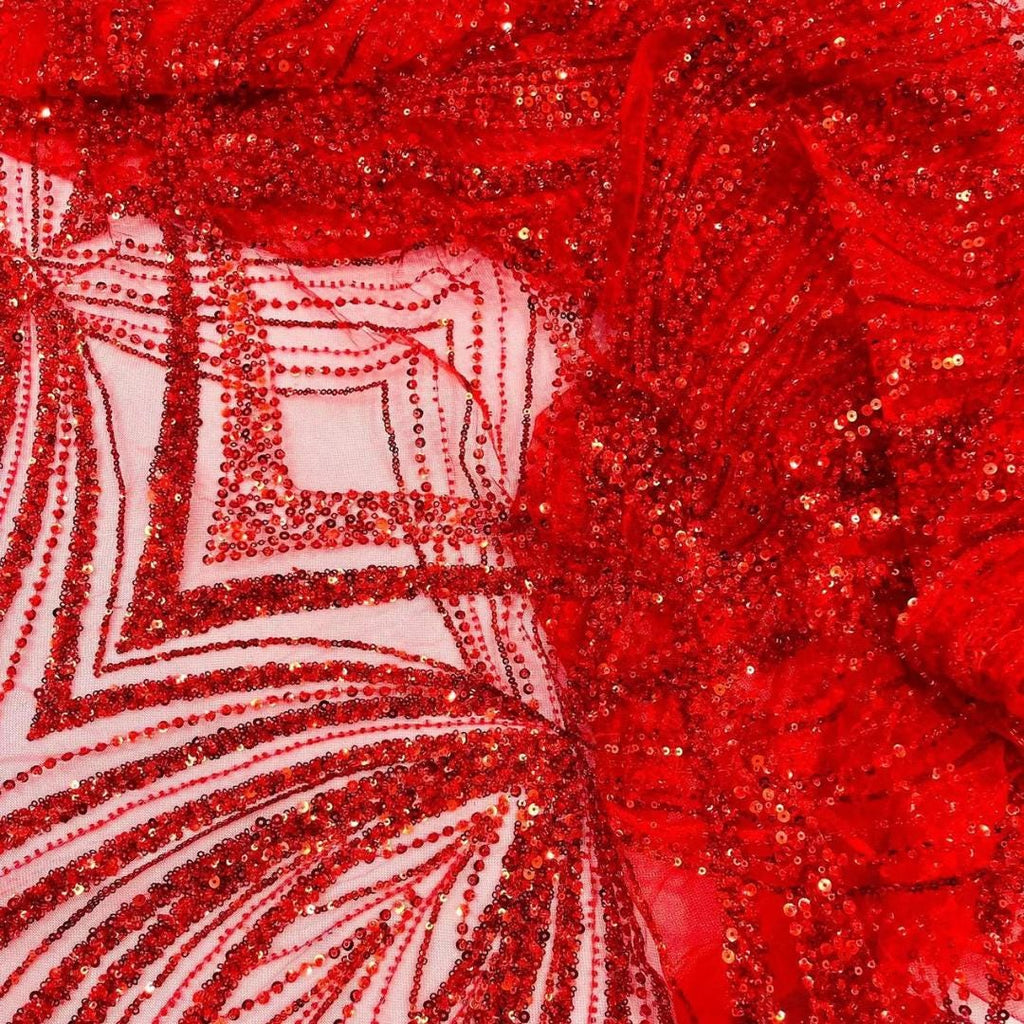 RED - Geometric Luxury Lace  - Beaded Design with Embroidered Sequins and Beads On a Mesh Lace Fabric for Prom Dress By The Yard