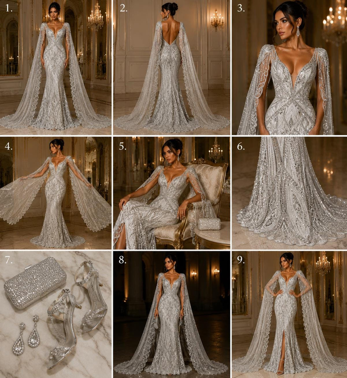 SILVER - Geometric Luxury Lace  - Beaded Design with Embroidered Sequins and Beads On a Mesh Lace Fabric for Prom Dress By The Yard