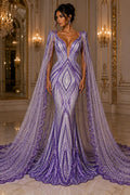 LAVENDER - Geometric Luxury Lace  - Beaded Design with Embroidered Sequins and Beads On a Mesh Lace Fabric for Prom Dress By The Yard