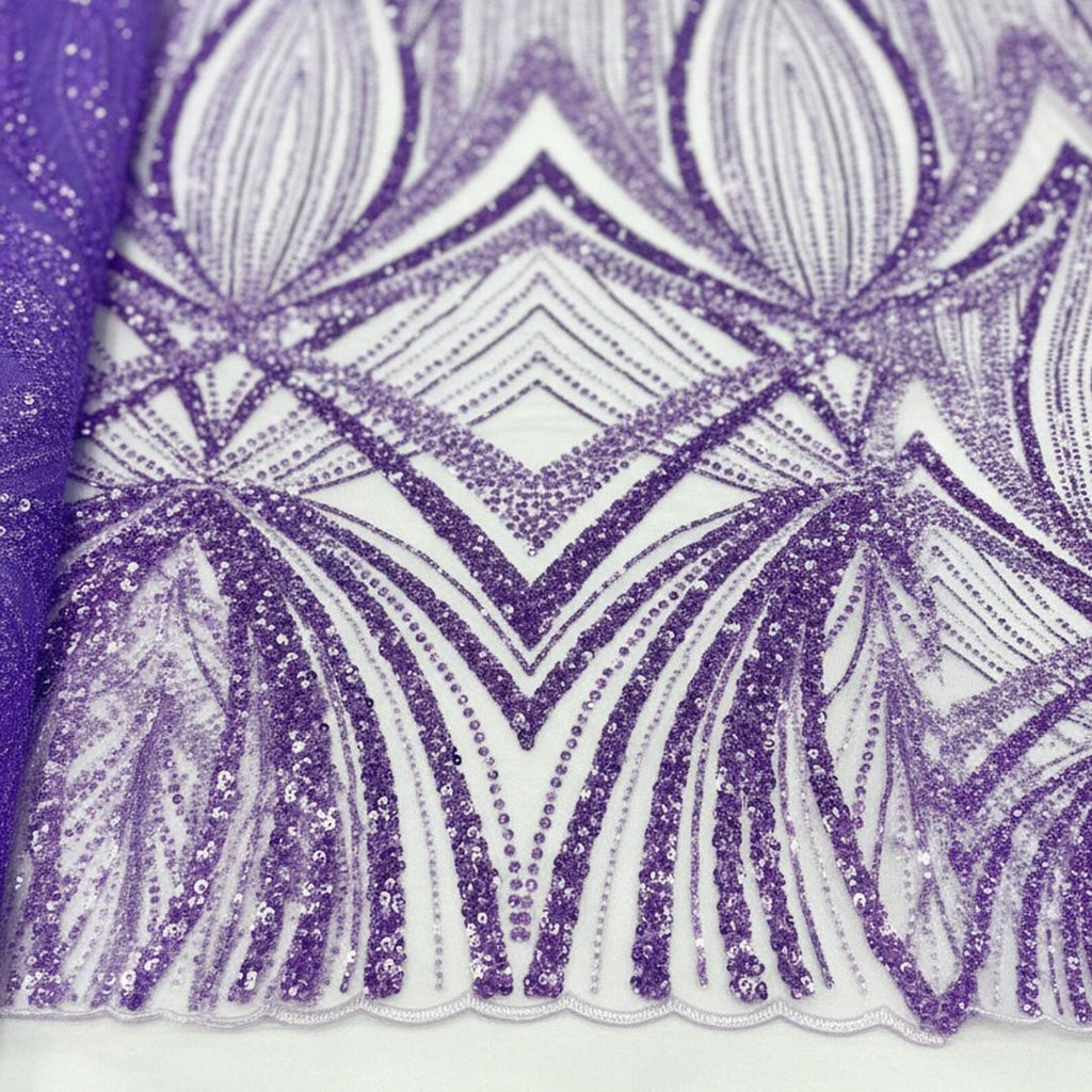 LAVENDER - Geometric Luxury Lace  - Beaded Design with Embroidered Sequins and Beads On a Mesh Lace Fabric for Prom Dress By The Yard