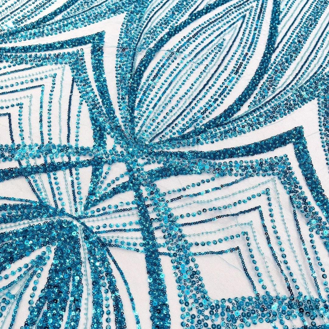 TURQUOISE - Geometric Luxury Lace  - Beaded Design with Embroidered Sequins and Beads On a Mesh Lace Fabric for Prom Dress By The Yard