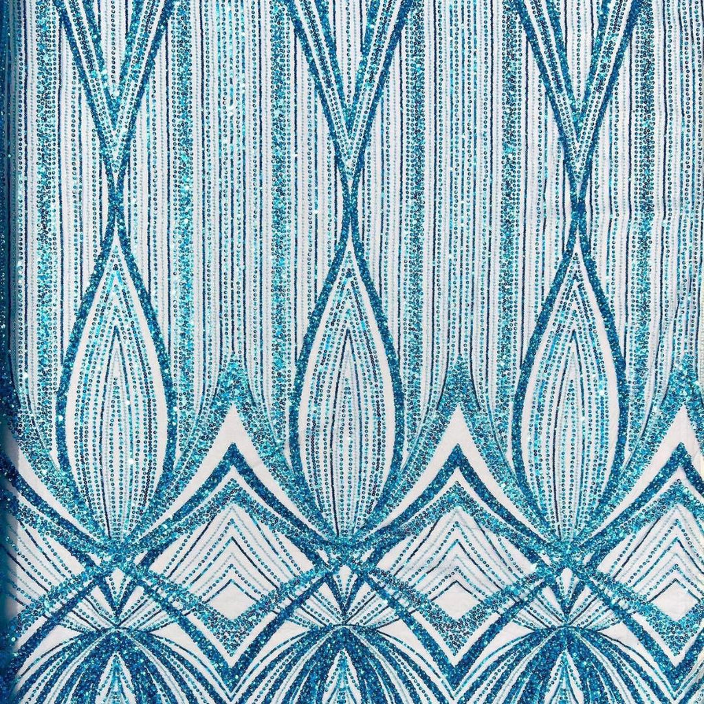 TURQUOISE - Geometric Luxury Lace  - Beaded Design with Embroidered Sequins and Beads On a Mesh Lace Fabric for Prom Dress By The Yard