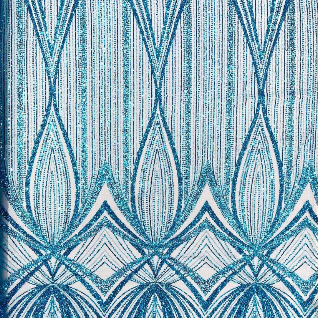 TURQUOISE - Geometric Luxury Lace  - Beaded Design with Embroidered Sequins and Beads On a Mesh Lace Fabric for Prom Dress By The Yard