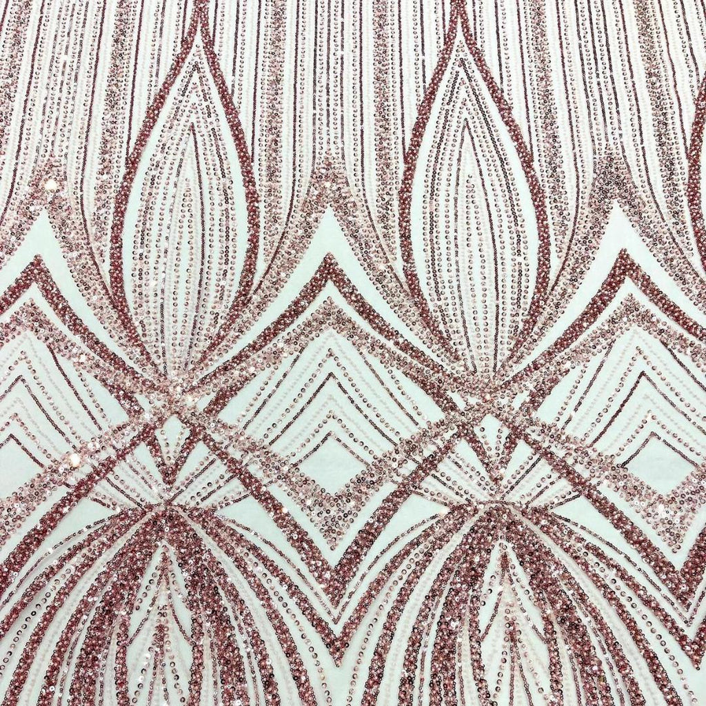 PINK - Geometric Luxury Lace  - Beaded Design with Embroidered Sequins and Beads On a Mesh Lace Fabric for Prom Dress By The Yard