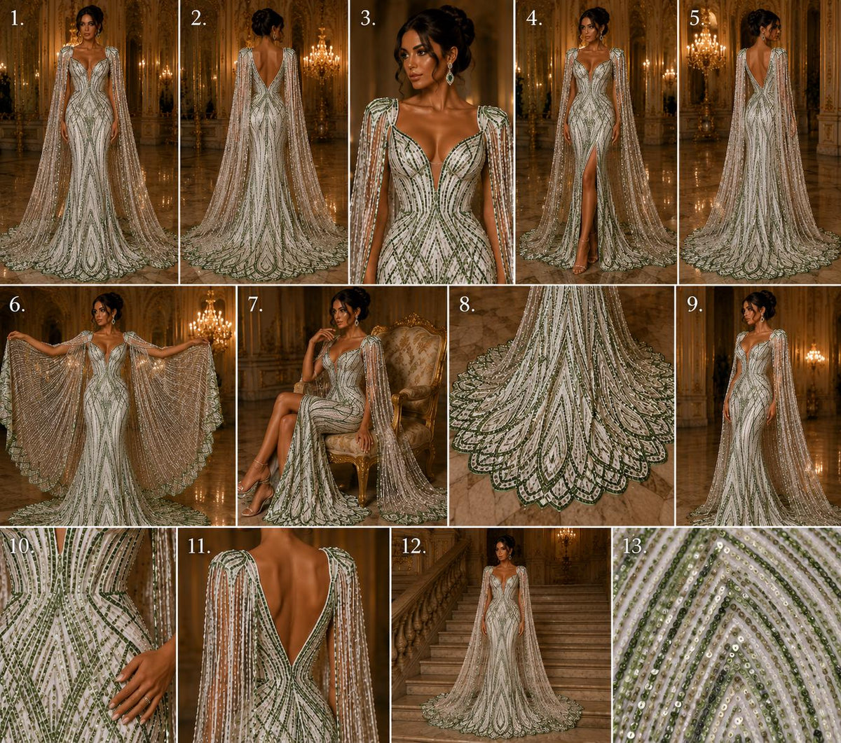 SAGE - Geometric Luxury Lace  - Beaded Design with Embroidered Sequins and Beads On a Mesh Lace Fabric for Prom Dress By The Yard