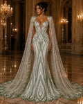SAGE - Geometric Luxury Lace  - Beaded Design with Embroidered Sequins and Beads On a Mesh Lace Fabric for Prom Dress By The Yard