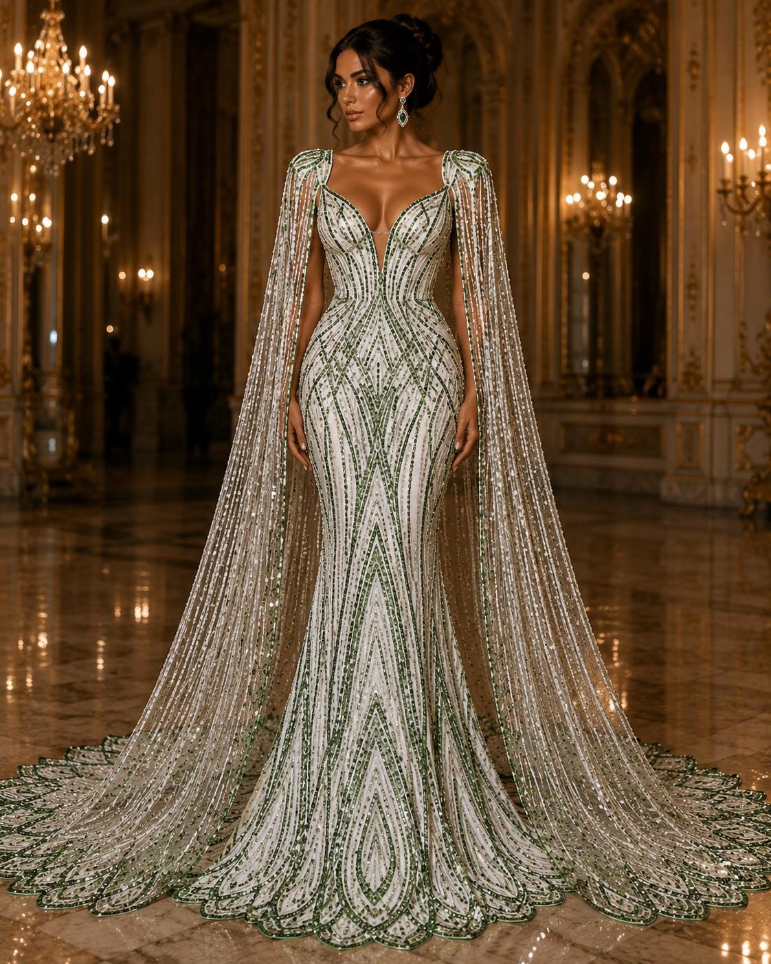 SAGE - Geometric Luxury Lace  - Beaded Design with Embroidered Sequins and Beads On a Mesh Lace Fabric for Prom Dress By The Yard