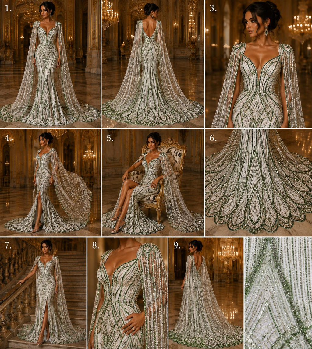 SAGE - Geometric Luxury Lace  - Beaded Design with Embroidered Sequins and Beads On a Mesh Lace Fabric for Prom Dress By The Yard