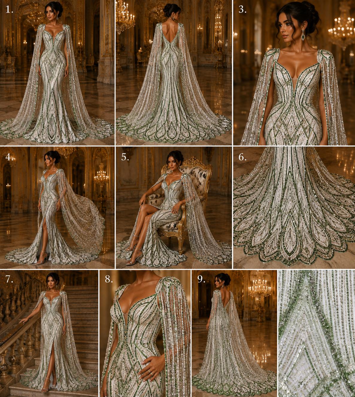 SAGE - Geometric Luxury Lace  - Beaded Design with Embroidered Sequins and Beads On a Mesh Lace Fabric for Prom Dress By The Yard