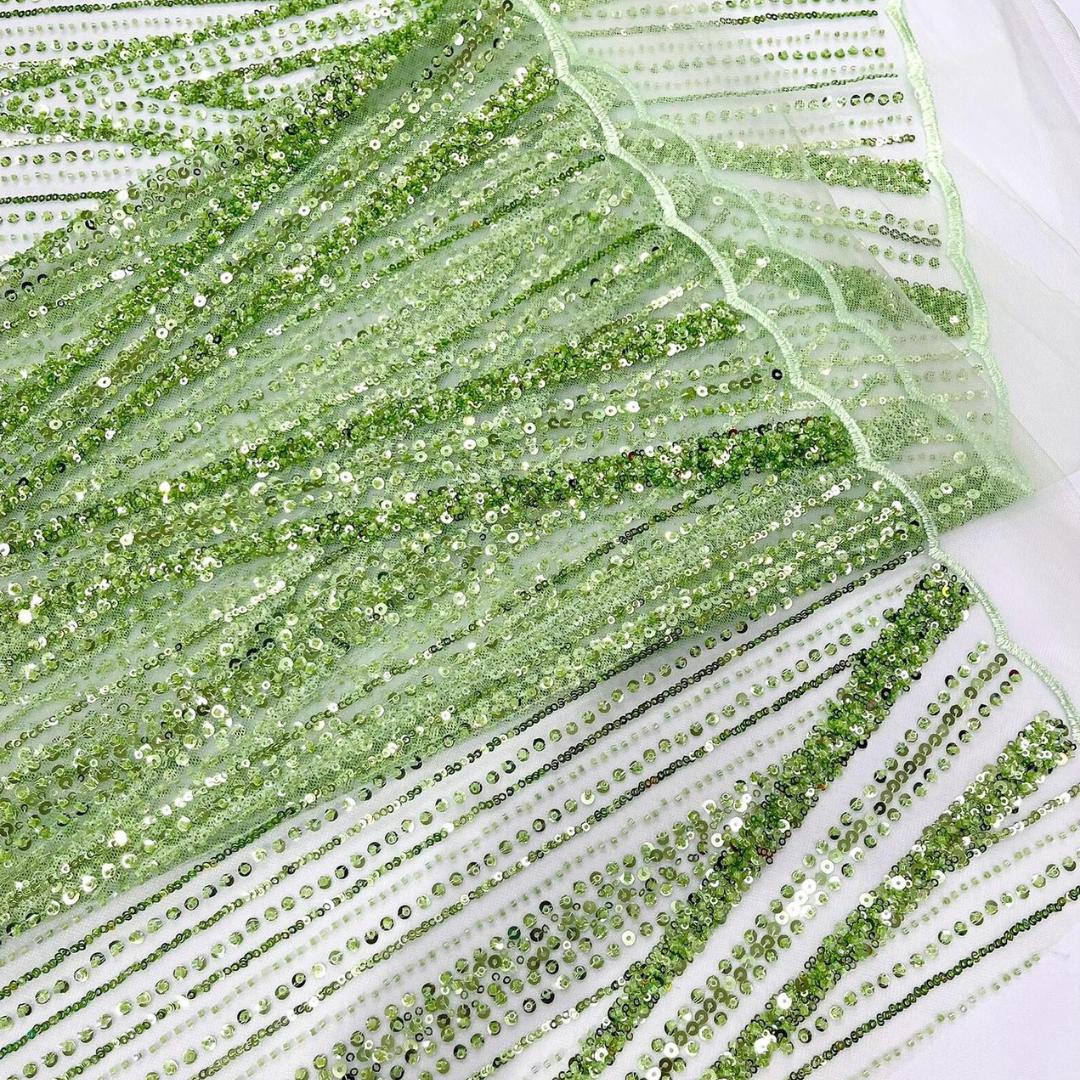 SAGE - Geometric Luxury Lace  - Beaded Design with Embroidered Sequins and Beads On a Mesh Lace Fabric for Prom Dress By The Yard