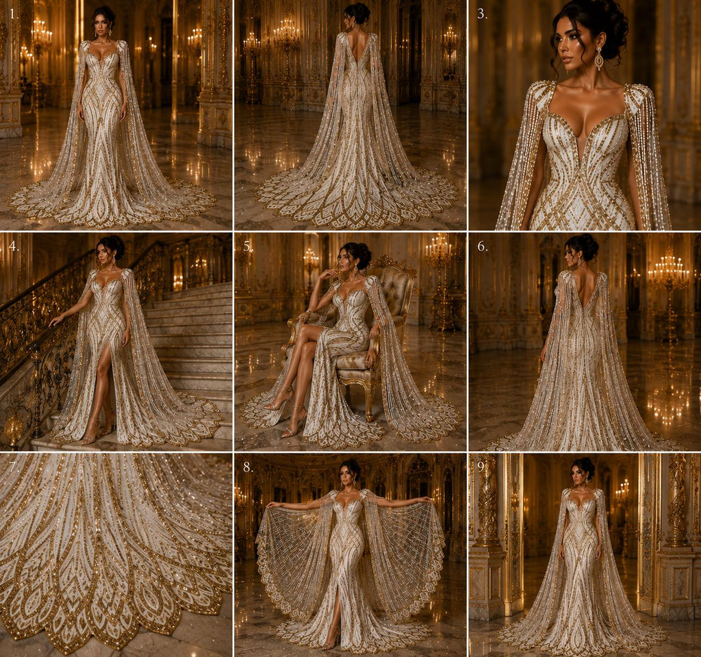 CHAMPAGNE - Geometric Luxury Lace  - Beaded Design with Embroidered Sequins and Beads On a Mesh Lace Fabric for Prom Dress By The Yard