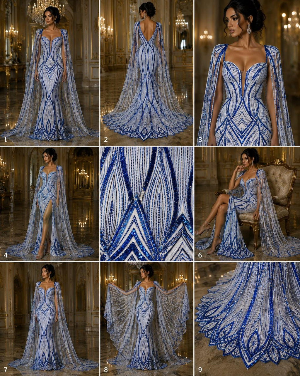 ROYAL BLUE - Geometric Luxury Lace  - Beaded Design with Embroidered Sequins and Beads On a Mesh Lace Fabric for Prom Dress By The Yard