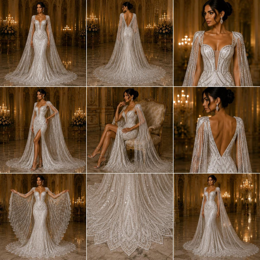 WHITE - Geometric Luxury Lace  - Beaded Design with Embroidered Sequins and Beads On a Mesh Lace Fabric for Prom Dress By The Yard