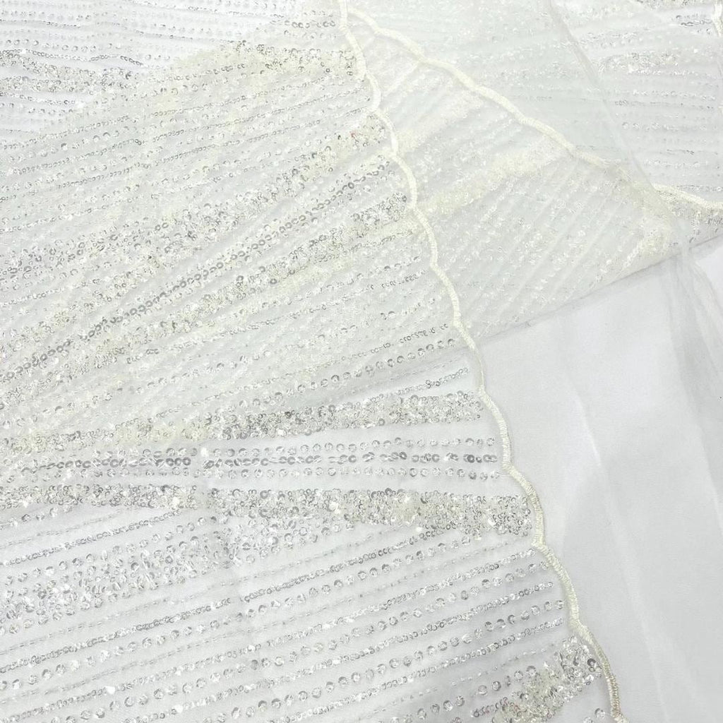 WHITE - Geometric Luxury Lace  - Beaded Design with Embroidered Sequins and Beads On a Mesh Lace Fabric for Prom Dress By The Yard
