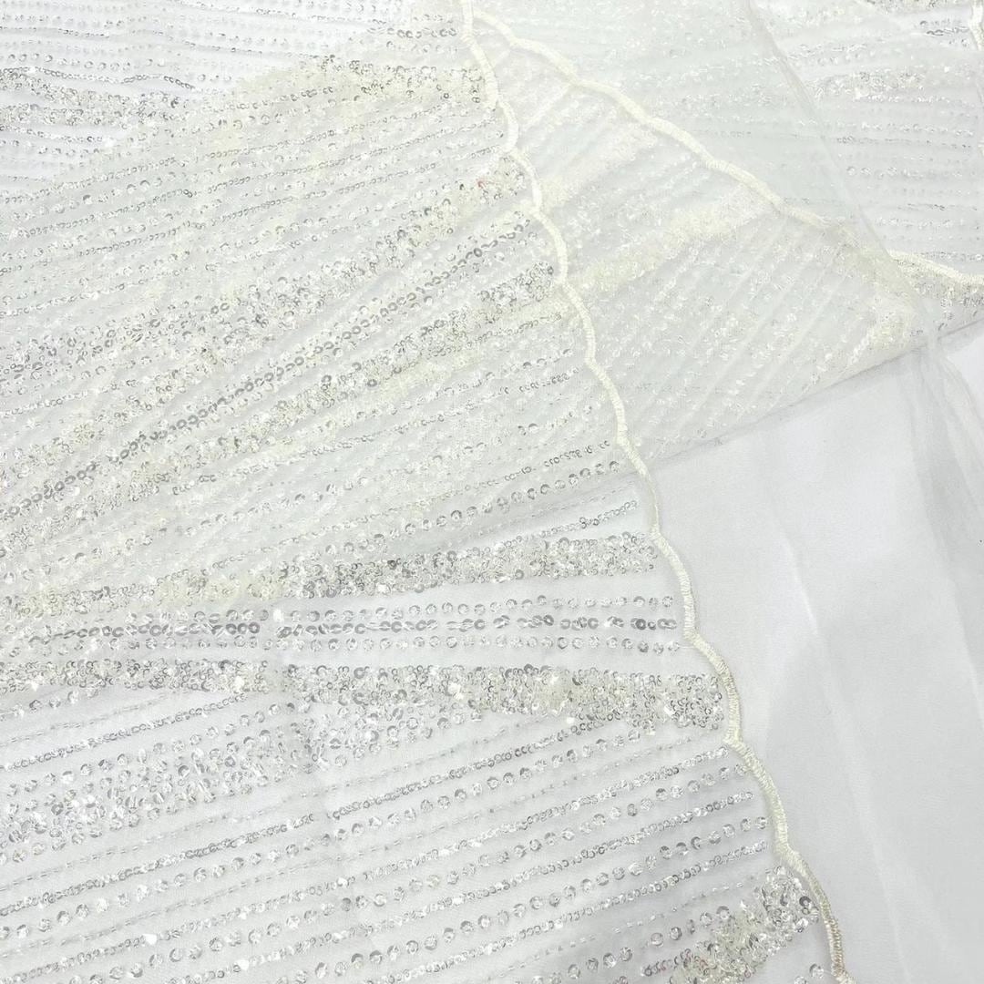WHITE - Geometric Luxury Lace  - Beaded Design with Embroidered Sequins and Beads On a Mesh Lace Fabric for Prom Dress By The Yard