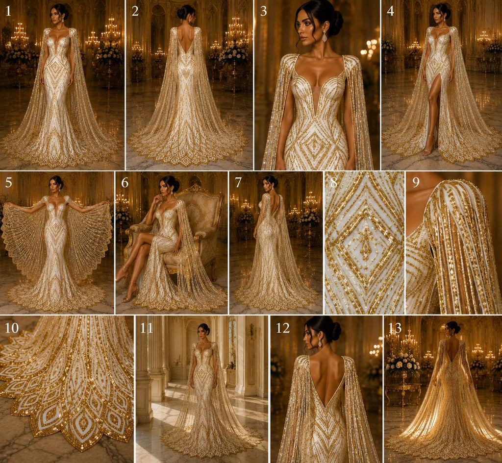GOLD - Geometric Luxury Lace  - Beaded Design with Embroidered Sequins and Beads On a Mesh Lace Fabric for Prom Dress By The Yard