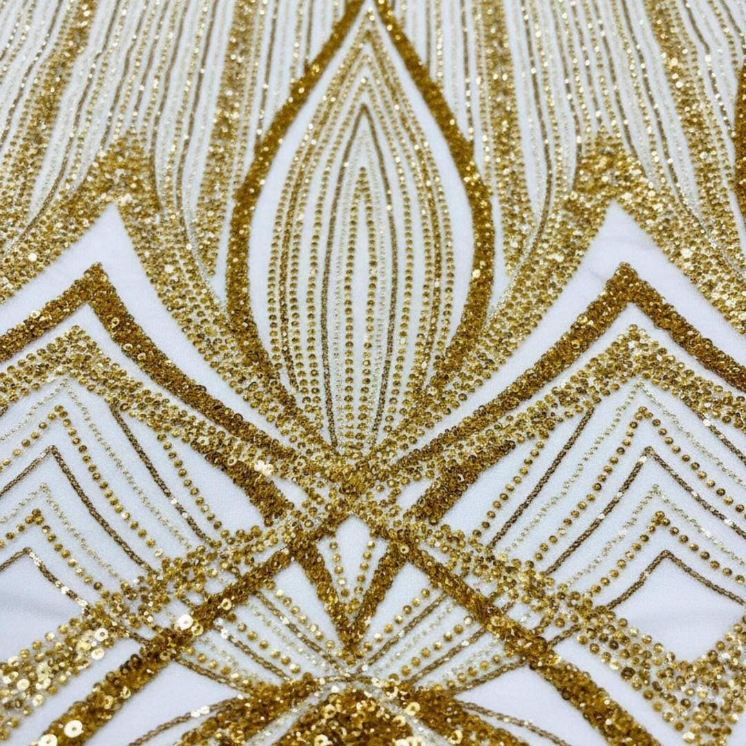 GOLD - Geometric Luxury Lace  - Beaded Design with Embroidered Sequins and Beads On a Mesh Lace Fabric for Prom Dress By The Yard