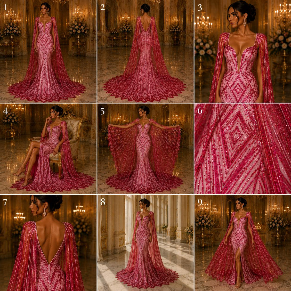 FUCHSIA - Geometric Luxury Lace  - Beaded Design with Embroidered Sequins and Beads On a Mesh Lace Fabric for Prom Dress By The Yard