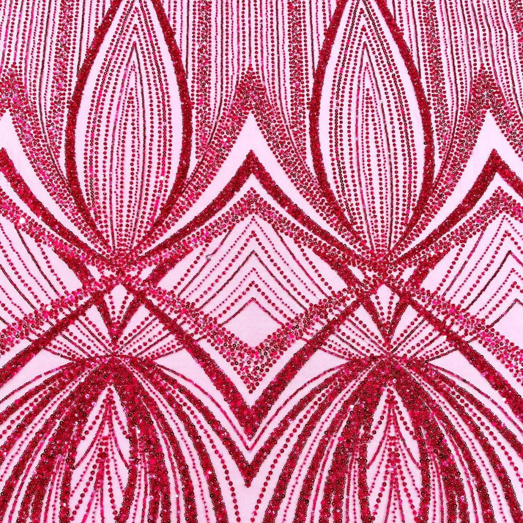 FUCHSIA - Geometric Luxury Lace  - Beaded Design with Embroidered Sequins and Beads On a Mesh Lace Fabric for Prom Dress By The Yard