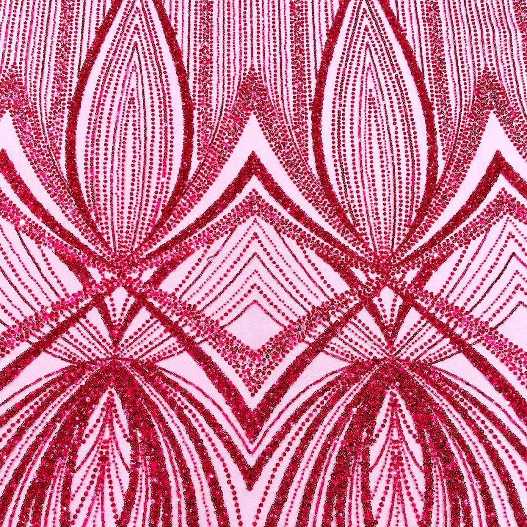 FUCHSIA - Geometric Luxury Lace  - Beaded Design with Embroidered Sequins and Beads On a Mesh Lace Fabric for Prom Dress By The Yard