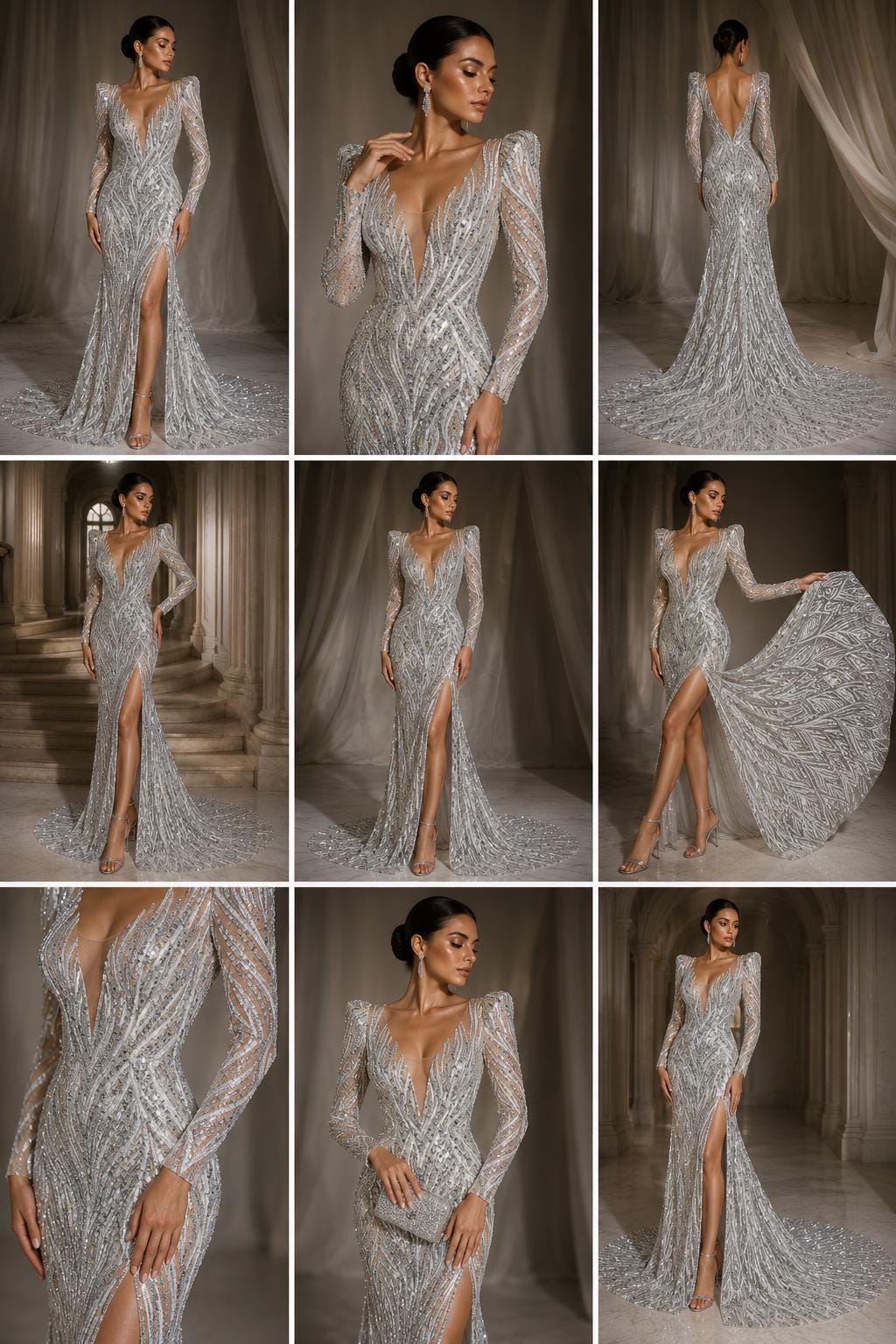 Luxury Lace - Silver - Beaded Flame Design with Embroidered Sequins and Beads On a Mesh Lace Fabric for Prom Dress By The Yard