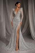 Luxury Lace - Silver - Beaded Flame Design with Embroidered Sequins and Beads On a Mesh Lace Fabric for Prom Dress By The Yard