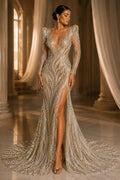 Luxury Lace - Champagne - Beaded Flame Design with Embroidered Sequins and Beads On a Mesh Lace Fabric for Prom Dress By The Yard