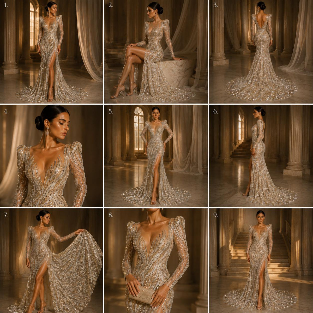 Luxury Lace - Champagne - Beaded Flame Design with Embroidered Sequins and Beads On a Mesh Lace Fabric for Prom Dress By The Yard