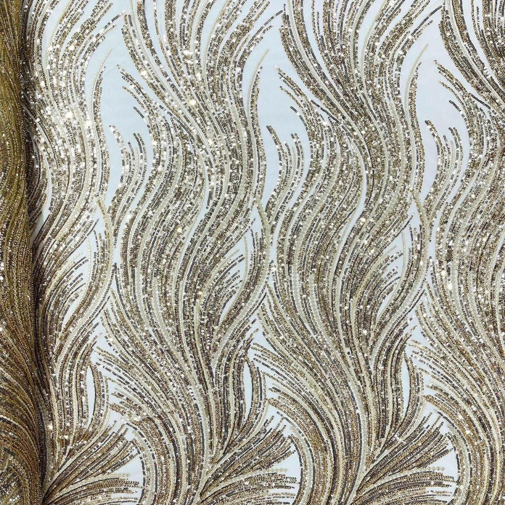 Luxury Lace - Champagne - Beaded Flame Design with Embroidered Sequins and Beads On a Mesh Lace Fabric for Prom Dress By The Yard