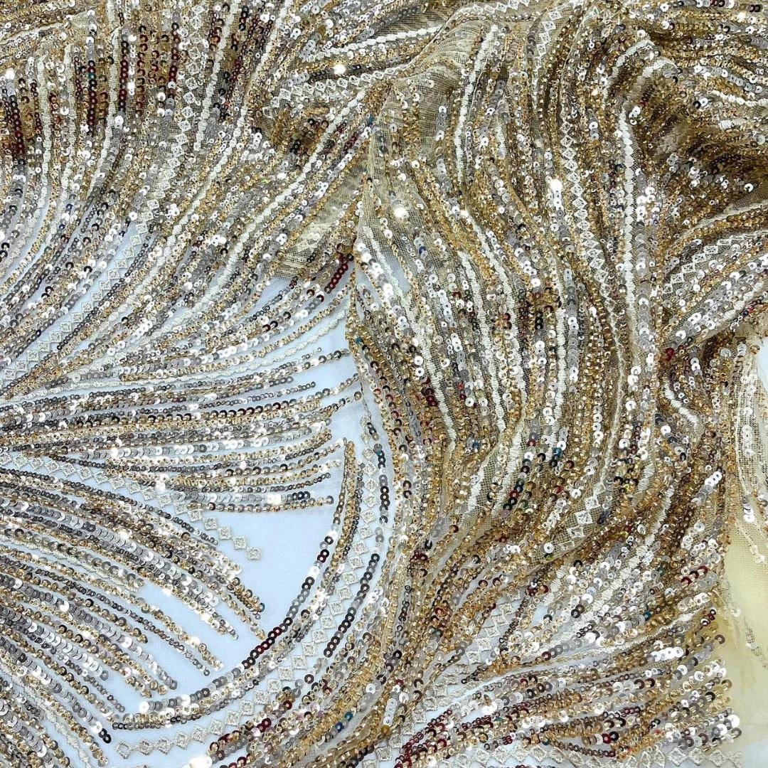 Luxury Lace - Champagne - Beaded Flame Design with Embroidered Sequins and Beads On a Mesh Lace Fabric for Prom Dress By The Yard