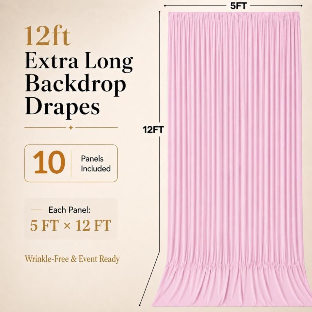 50Ft x 12Ft - PINK - Wrinkle Free Backdrop Curtains for Parties  - 10 Panels 5x12ft Interlock Backdrop for Weddings Birthday Curtains