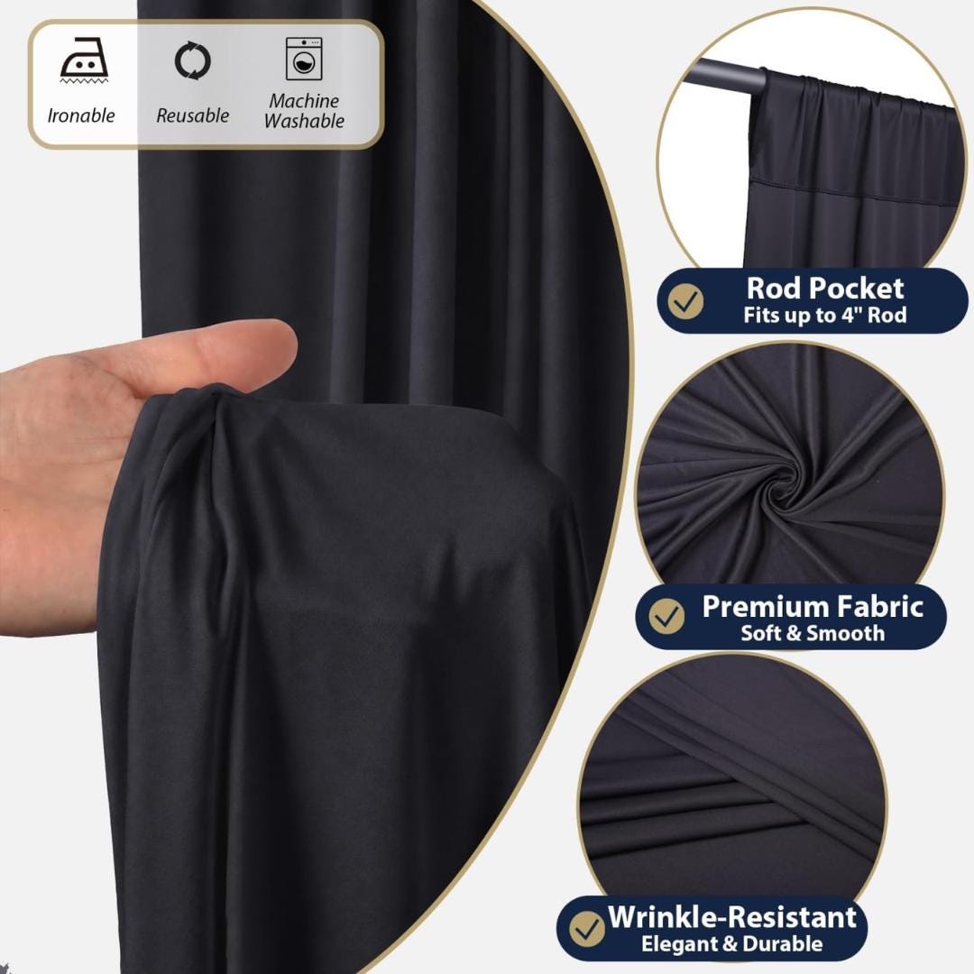 50Ft x 12Ft - BLACK - Wrinkle Free Backdrop Curtains for Parties  - 10 Panels 5x12ft Interlock Backdrop for Weddings Birthday Curtains