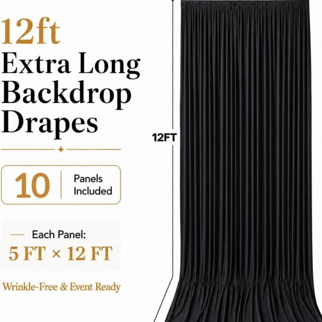 50Ft x 12Ft - BLACK - Wrinkle Free Backdrop Curtains for Parties  - 10 Panels 5x12ft Interlock Backdrop for Weddings Birthday Curtains