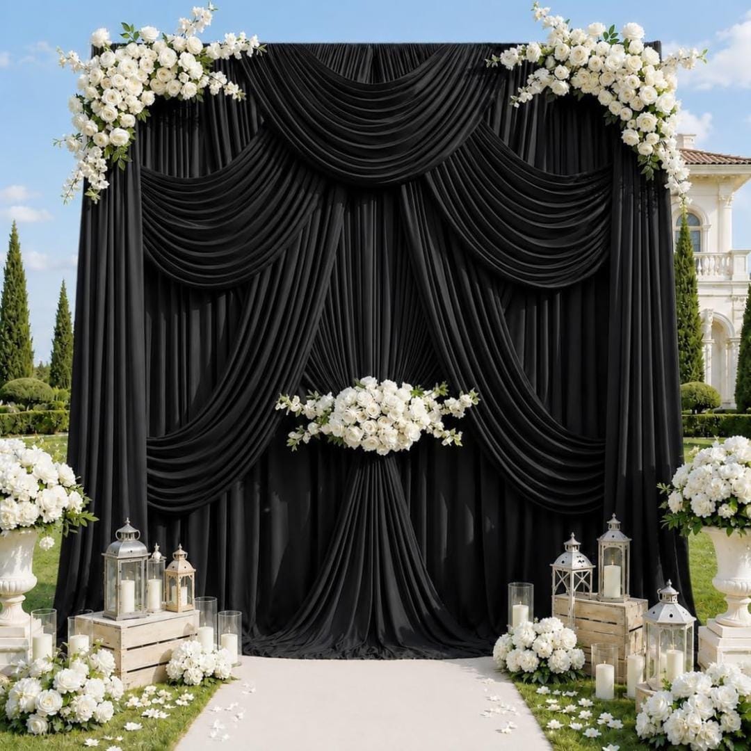 50Ft x 12Ft - BLACK - Wrinkle Free Backdrop Curtains for Parties  - 10 Panels 5x12ft Interlock Backdrop for Weddings Birthday Curtains