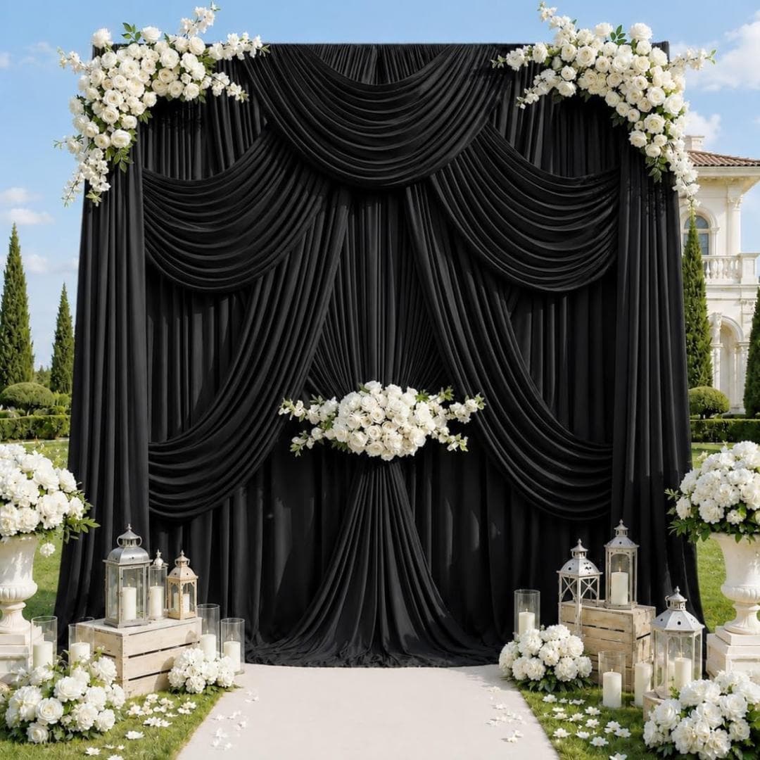 50Ft x 12Ft - BLACK - Wrinkle Free Backdrop Curtains for Parties  - 10 Panels 5x12ft Interlock Backdrop for Weddings Birthday Curtains
