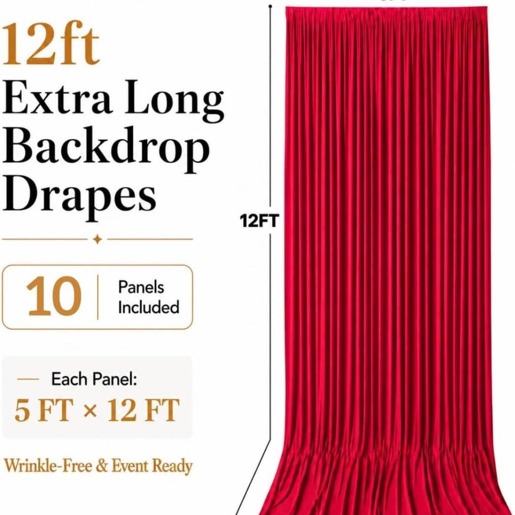 50Ft x 12Ft - RED - Wrinkle Free Backdrop Curtains for Parties  - 10 Panels 5x12ft Interlock Backdrop for Weddings Birthday Curtains