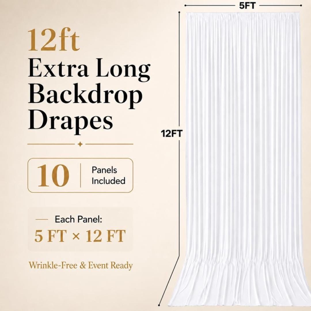 50Ft x 12Ft - WHITE - Wrinkle Free Backdrop Curtains for Parties  - 10 Panels 5x12ft Interlock Backdrop for Weddings Birthday Curtains