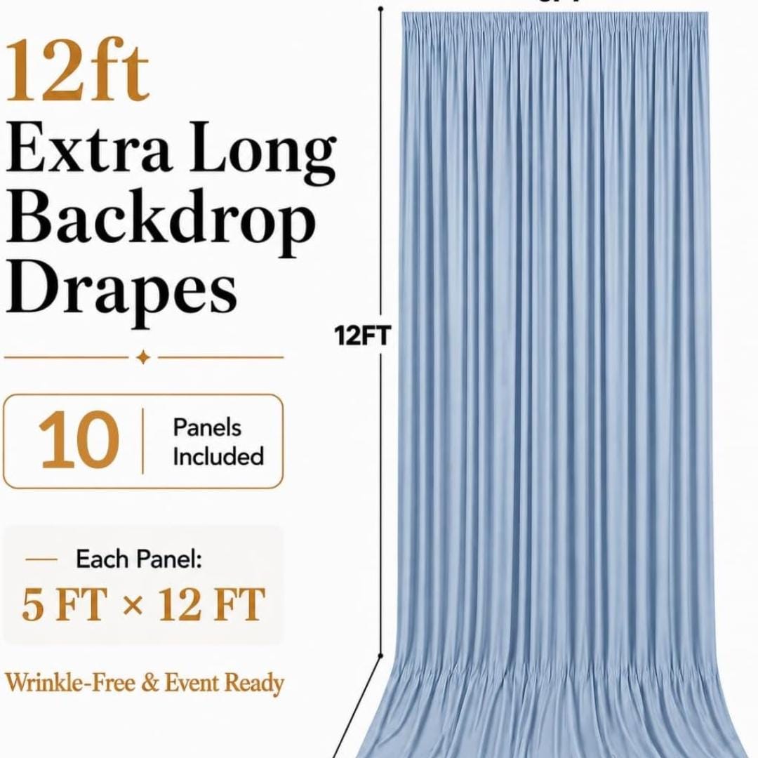 50Ft x 12Ft - DUSTY BLUE - Wrinkle Free Backdrop Curtains for Parties  - 10 Panels 5x12ft Interlock Backdrop for Weddings Birthday Curtains