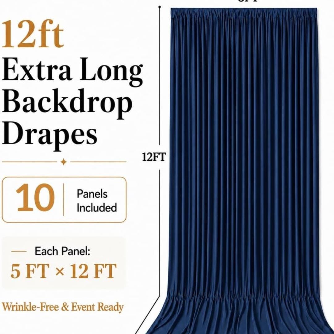 50Ft x 12Ft - NAVY BLUE - Wrinkle Free Backdrop Curtains for Parties  - 10 Panels 5x12ft Interlock Backdrop for Weddings Birthday Curtains
