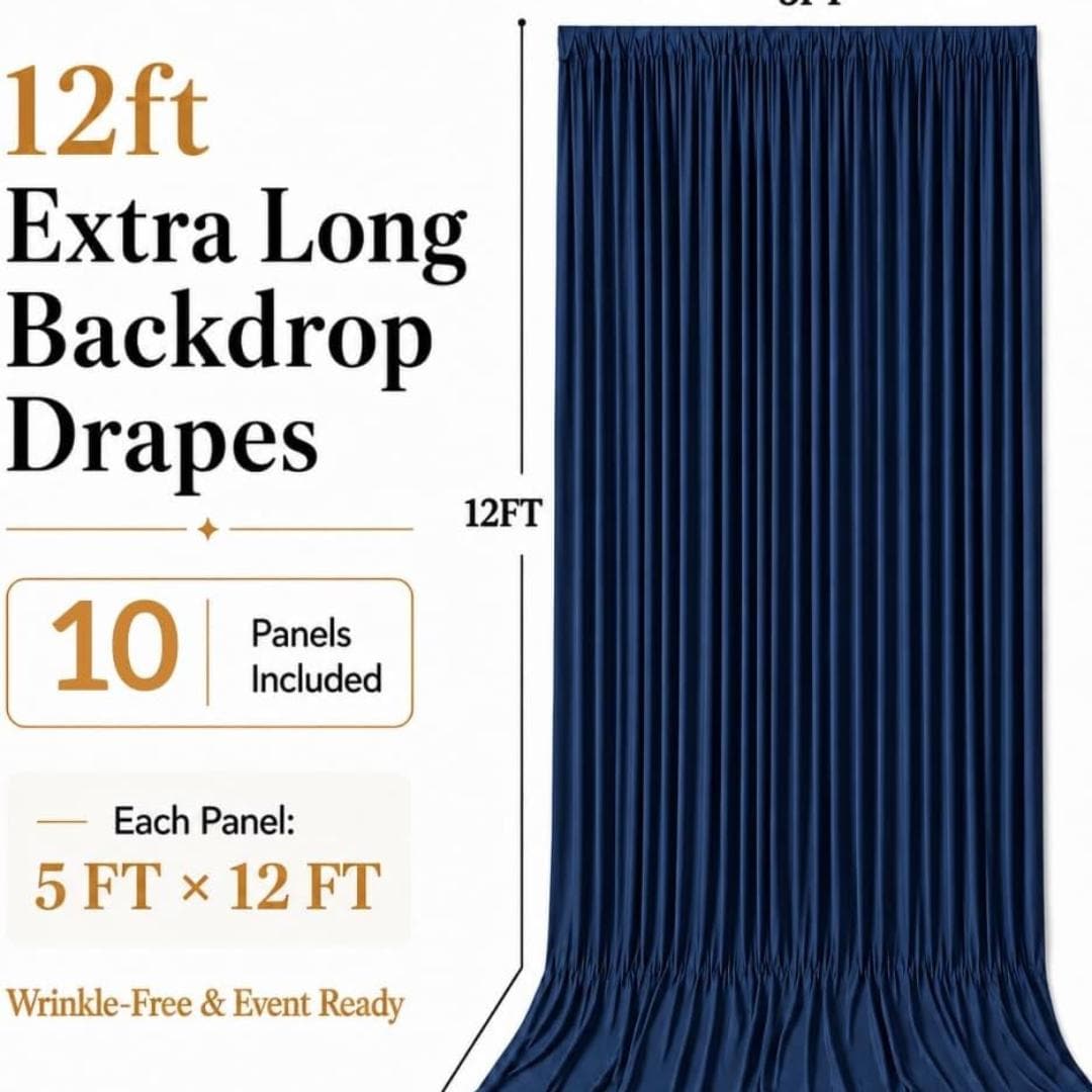 50Ft x 12Ft - NAVY BLUE - Wrinkle Free Backdrop Curtains for Parties  - 10 Panels 5x12ft Interlock Backdrop for Weddings Birthday Curtains