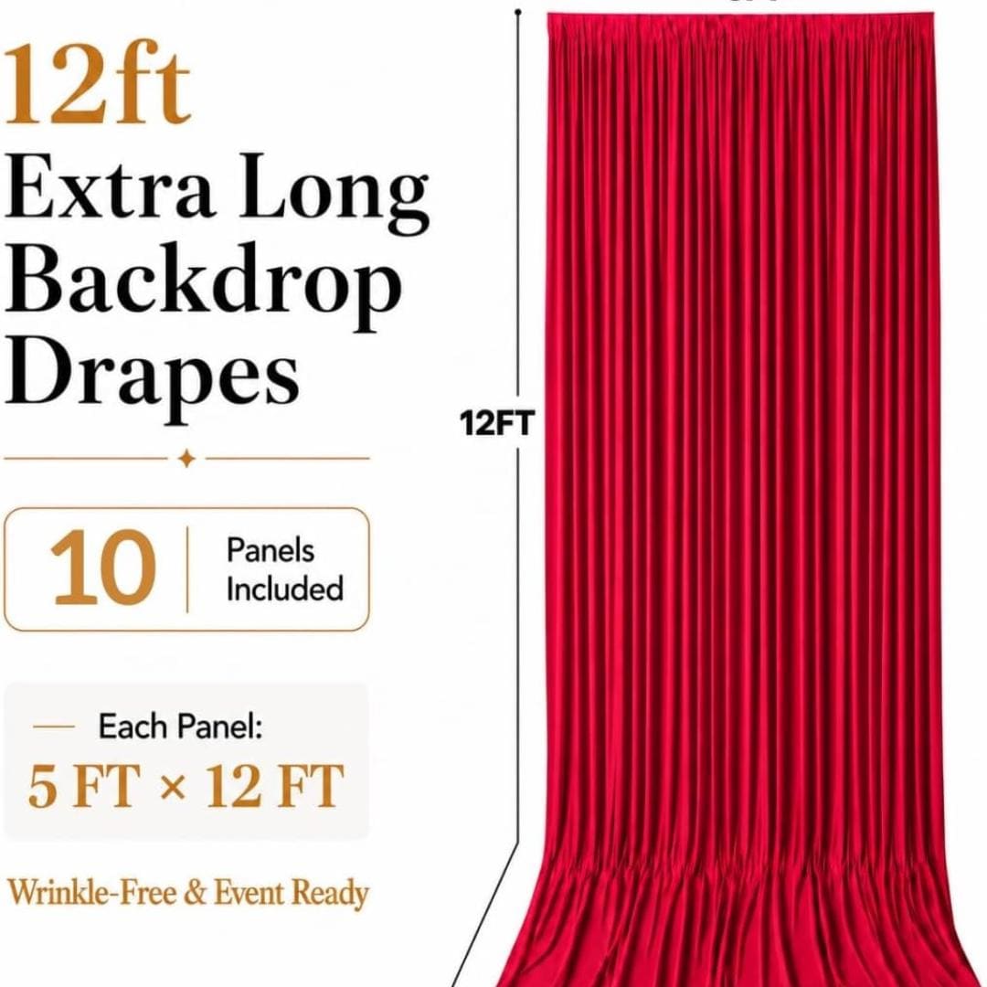 50Ft x 12Ft - RED - Wrinkle Free Backdrop Curtains for Parties  - 10 Panels 5x12ft Interlock Backdrop for Weddings Birthday Curtains