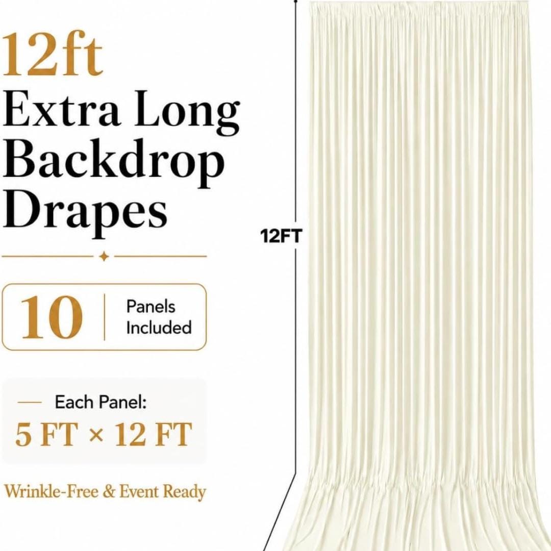50Ft x 12Ft - IVORY - Wrinkle Free Backdrop Curtains for Parties  - 10 Panels 5x12ft Interlock Backdrop for Weddings Birthday Curtains