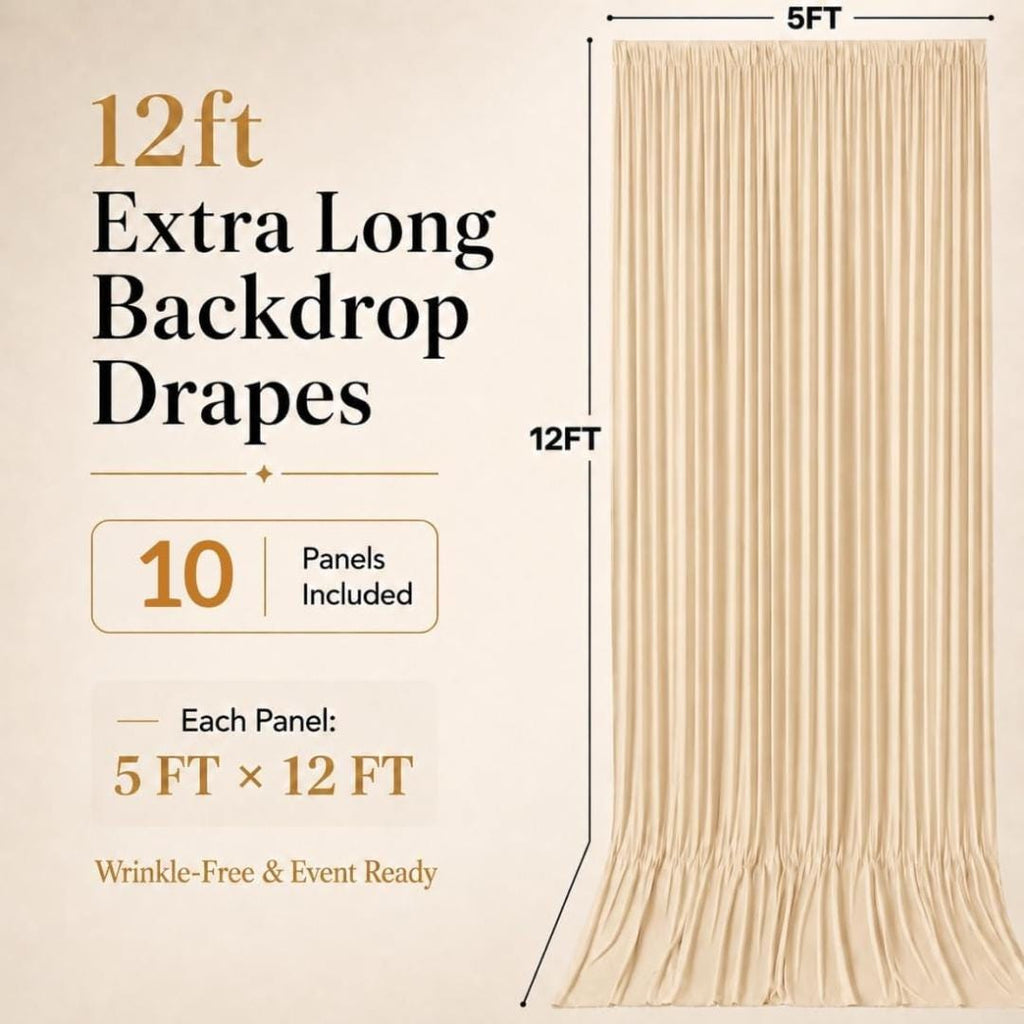 50Ft x 12Ft - CHAMPAGNE - Wrinkle Free Backdrop Curtains for Parties  - 10 Panels 5x12ft Interlock Backdrop for Weddings Birthday Curtains
